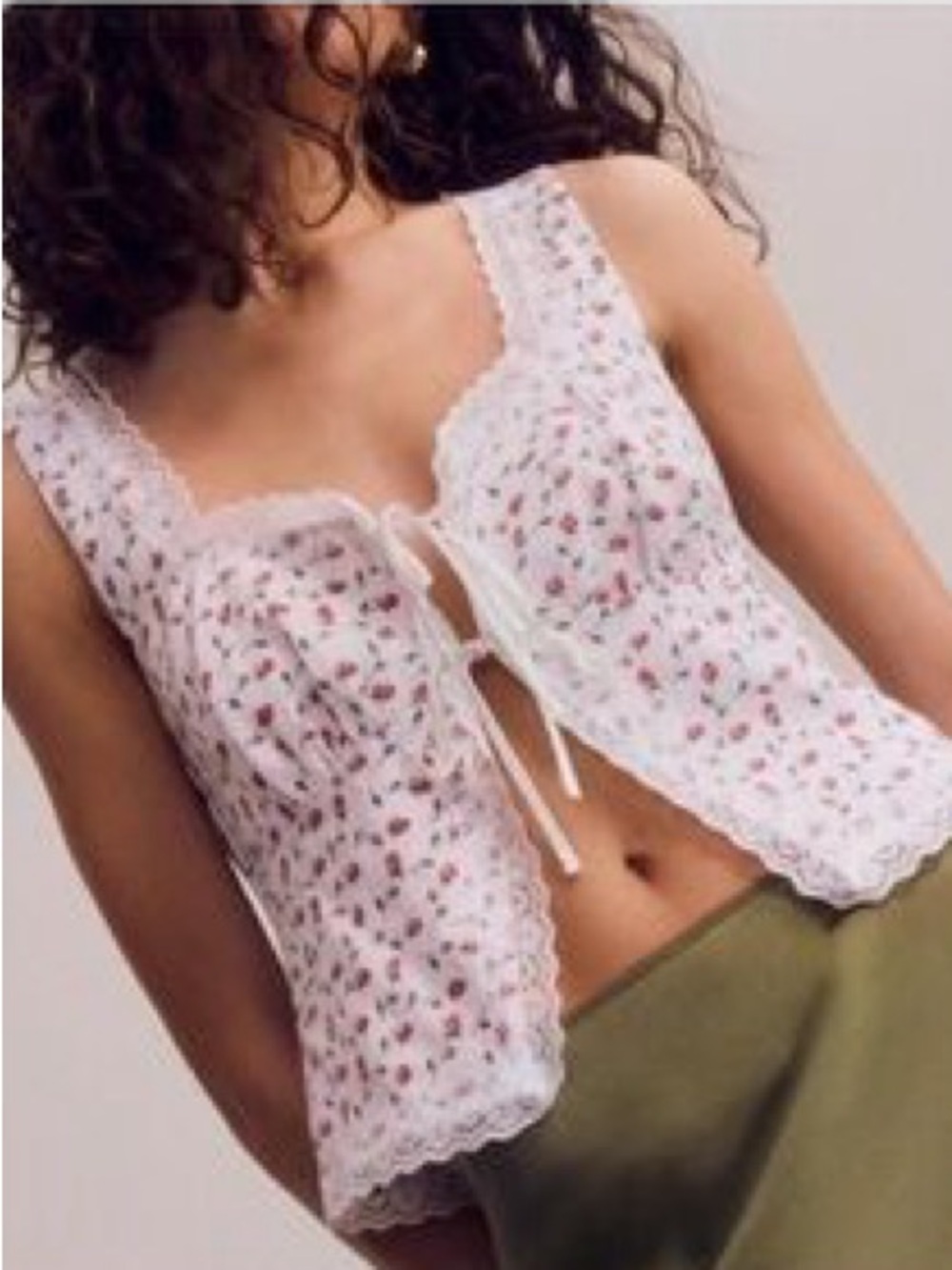 New Midnight Sky Floral Lace-Trim Front Tie Sleeveless Top